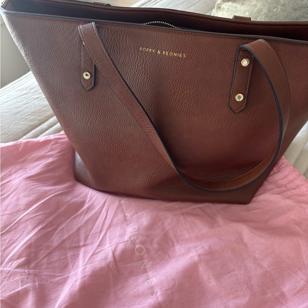 Poppy & Peonies Brown Pebbled Tote Bag